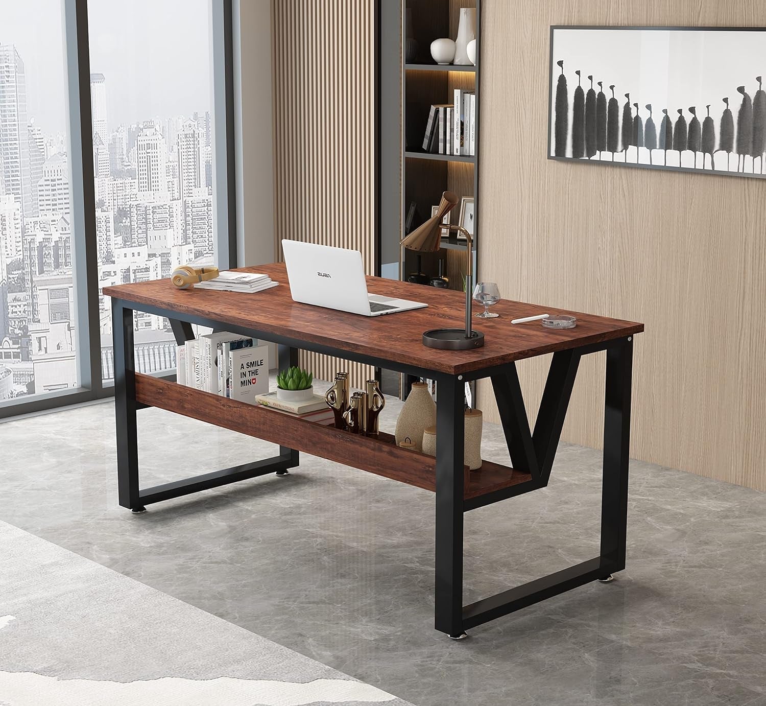 Efficient Home Laptop Notebook Computer Desk Study Computer Desk 40" Small Study Writing Table for Home Office, Modern Simple Style PC Table, Black Metal Frame, Rustic Red (Red, 40)