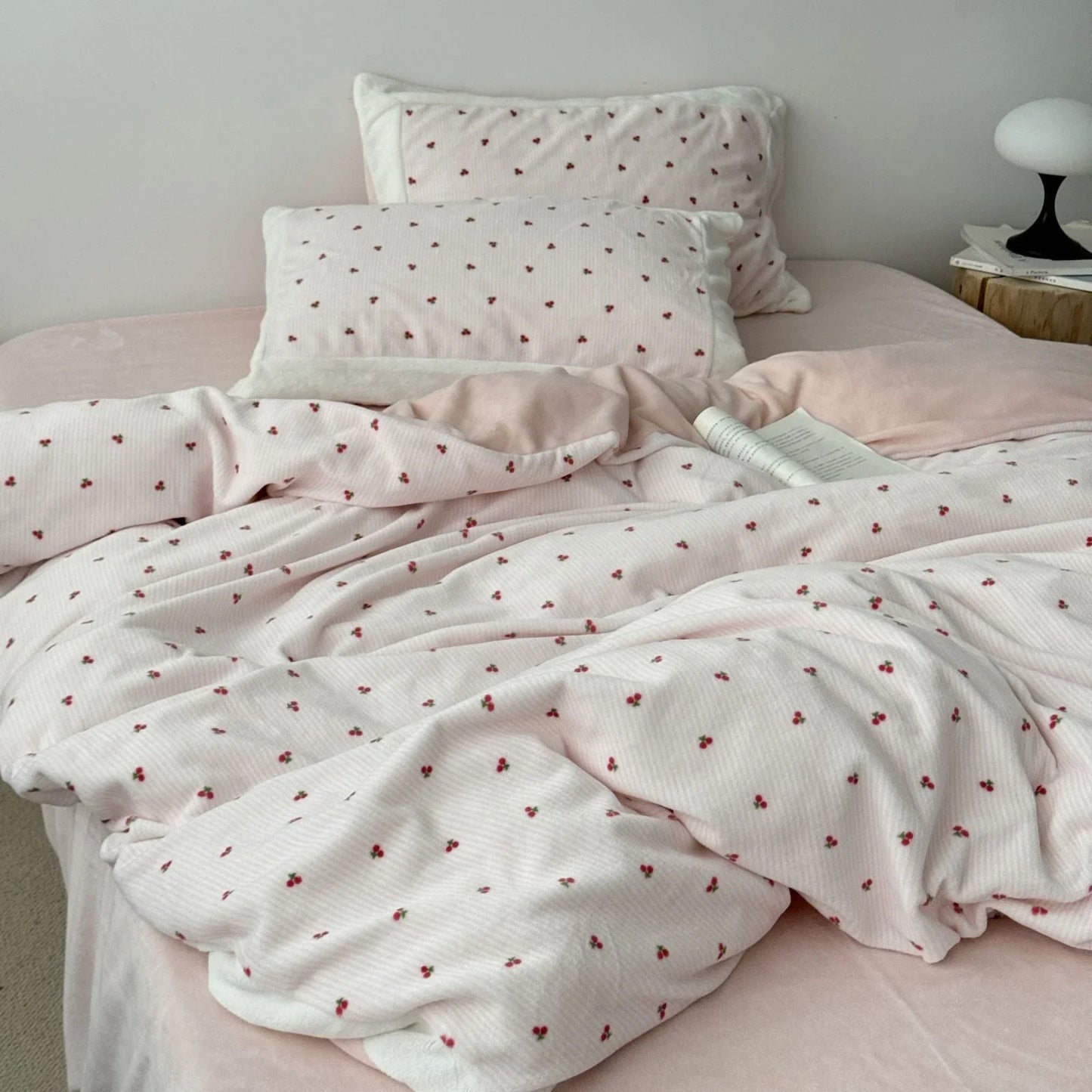 Plush Embroidered Cherry Flannel Fleece Bedding Set