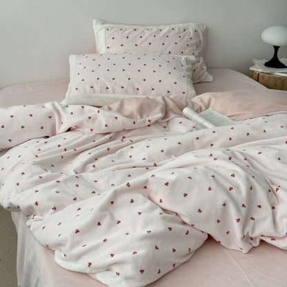 Plush Embroidered Cherry Flannel Fleece Bedding Set