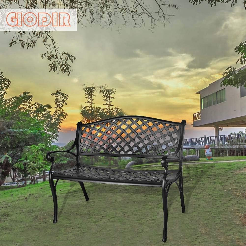 GIODIR Outdoor Patio Garden Bench All-Weather Cast Aluminum Loveseats Park Yard Furniture Porch Chair Work Entryway Decor W/Checkered Design (Black) Benches Lawn & Garden Patio Patio Furniture & Accessories Patio Seating