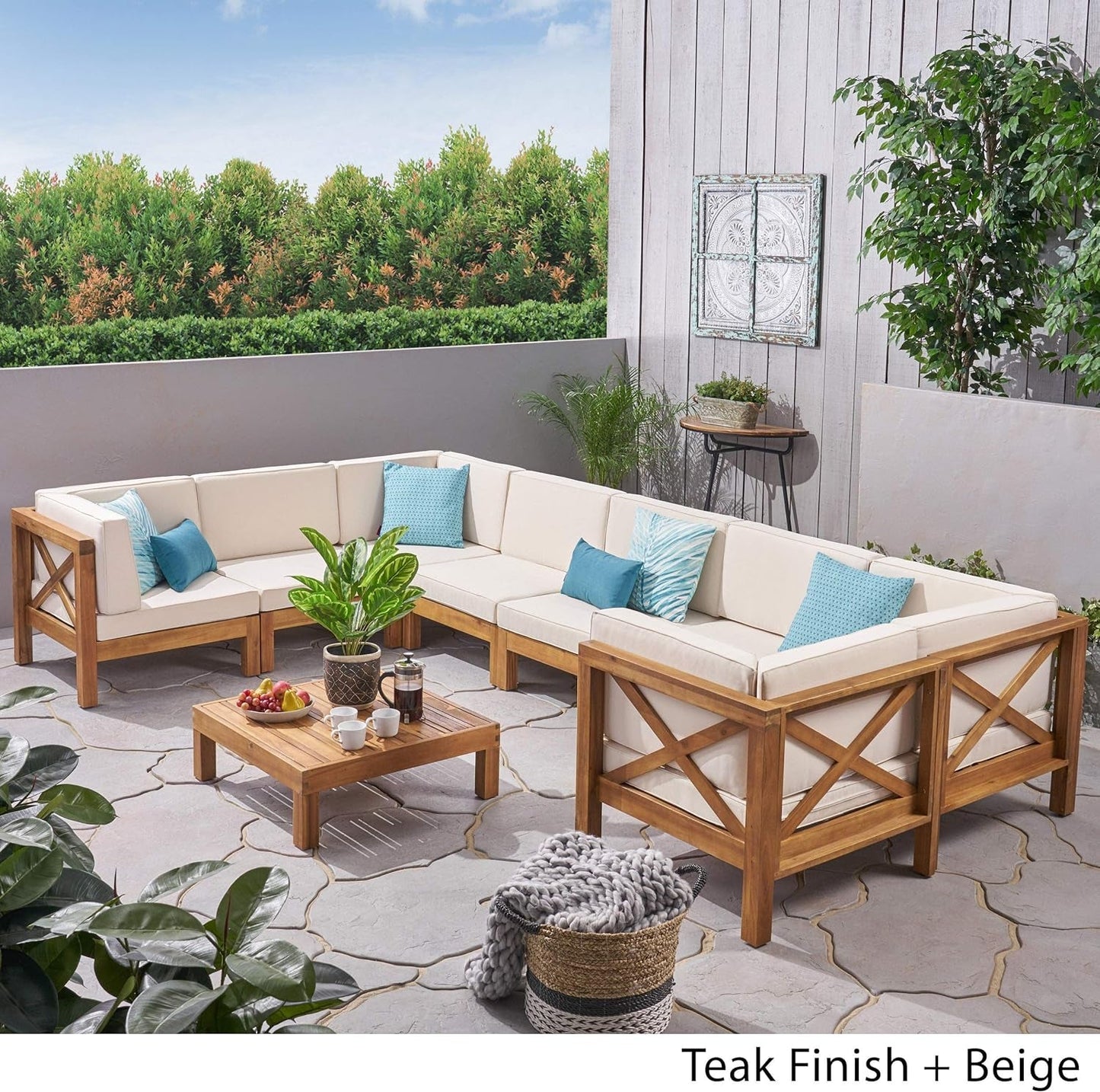 Great Deal Furniture Keith Outdoor Acacia Wood 8 Seater U-Shaped Sectional Sofa Set with Coffee Table, Teak and Beige Lawn & Garden Patio Patio Furniture & Accessories Patio Seating Sofas