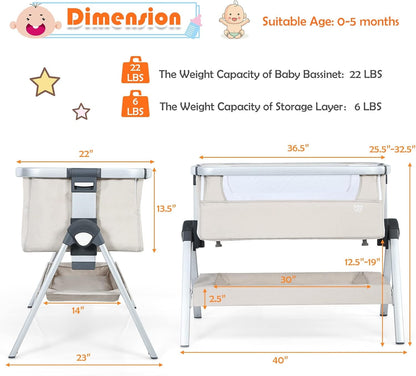 BABY JOY Baby Bassinet, Portable Bassinet Bedside Sleeper W/Mattress, Carrying Bag, Storage, Mesh, Built-In Wheel, Adjustable Height/Angle, Folding Crib for Newborn Infant, Bedside Bassinet, Beige Baby Products Bassinets Bedside Cribs Furniture Infant & Toddler Beds Nursery