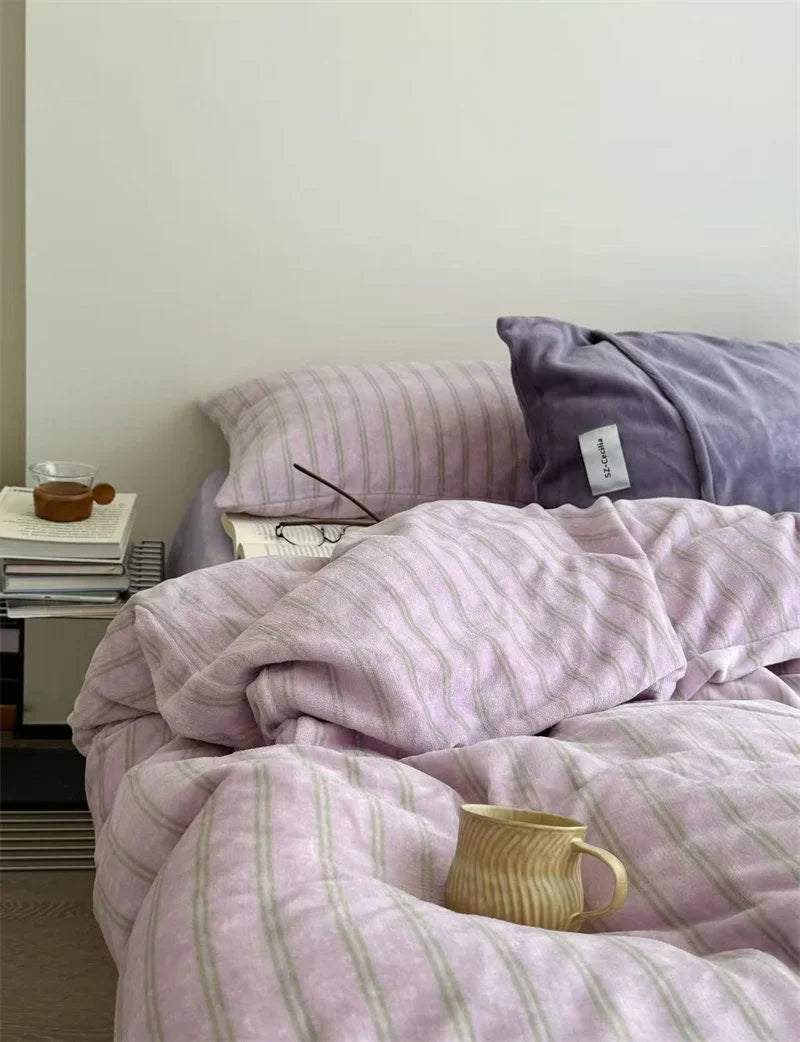 Plush Pinstripe Flannel Fleece Bedding Set