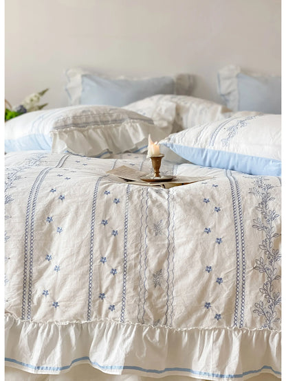 Ruffled Floral Vine Embroidered Cotton Bedding Set