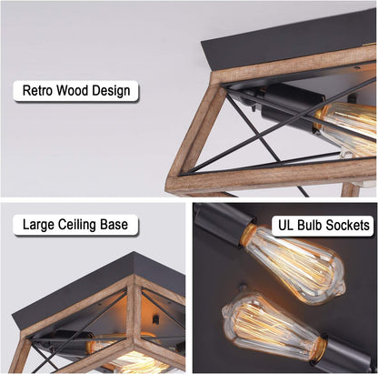 Wooden Flush Mount Ceiling Light, 2 Lights Farmhouse Light Fixtures, Retro Close to Ceiling Light Fixtures with Wood Shade for Hallway Entryway Kitchen Living Room Dining Room Bedroom Balcony