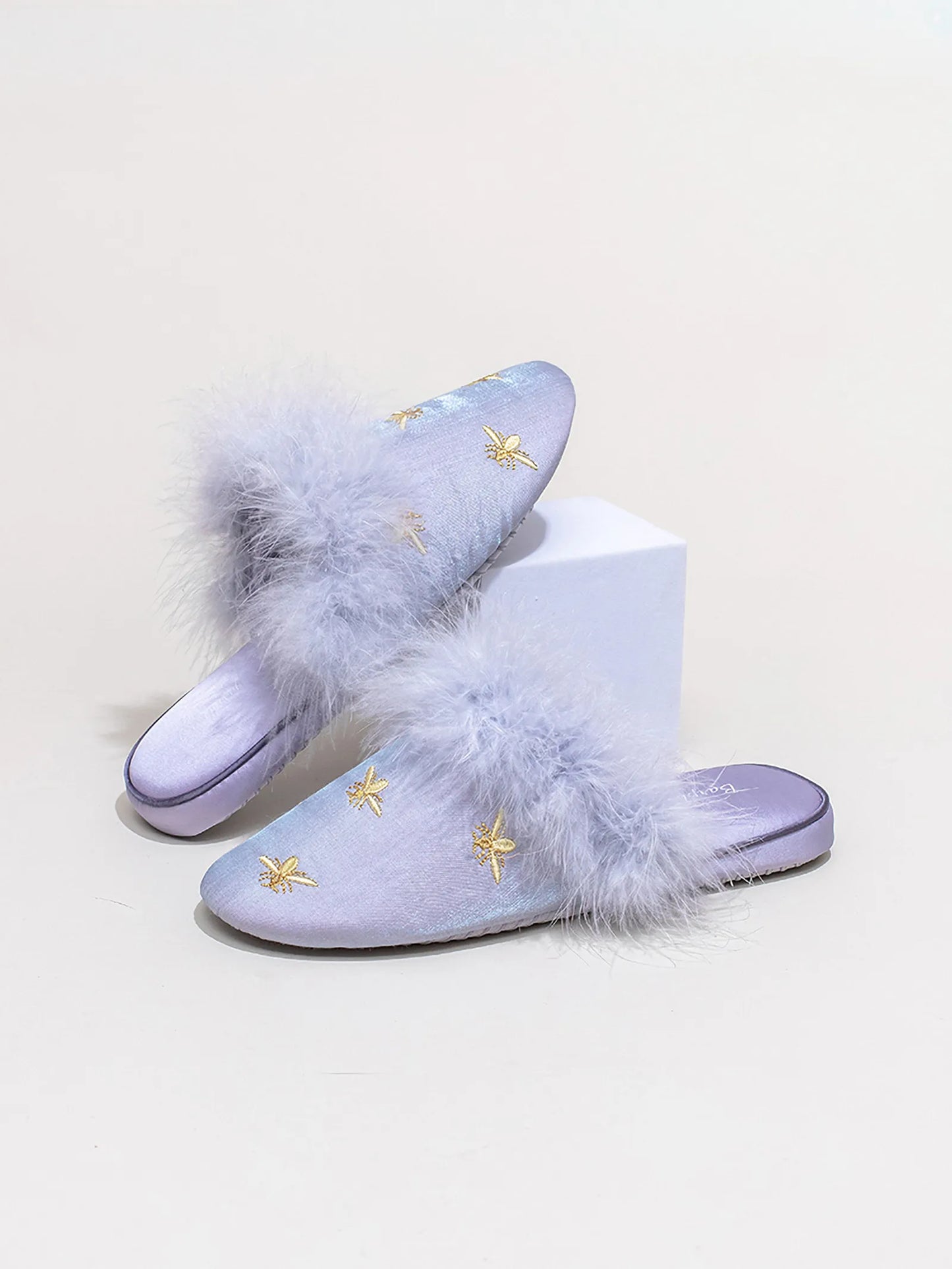 Fluffy Embroidered Bee Satin House Slippers
