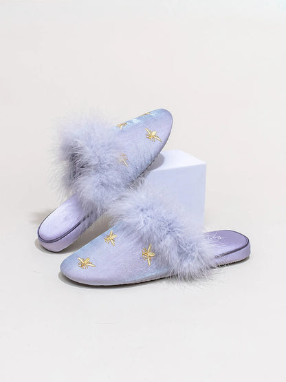 Fluffy Embroidered Bee Satin House Slippers