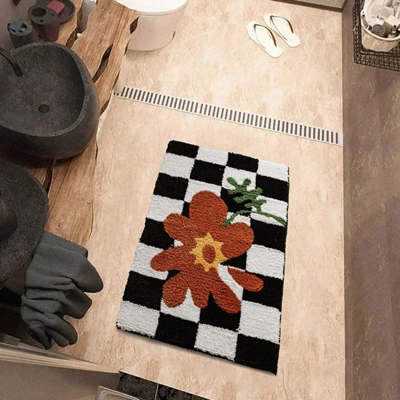 Checkered Orange Flower Accent Rug AESTHETIC_Indie SUB CATEGORY_Rugs