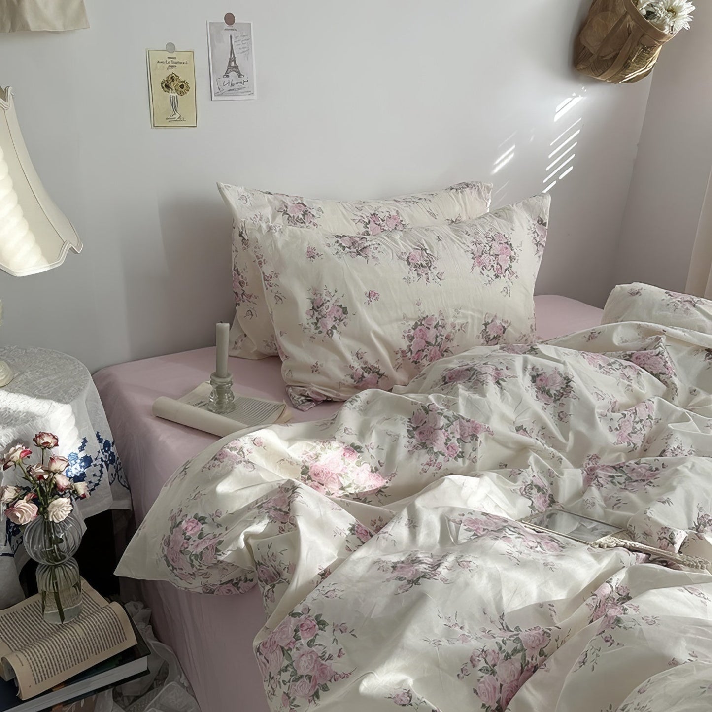 Set di biancheria da letto con rose in fiore rosa Coquette