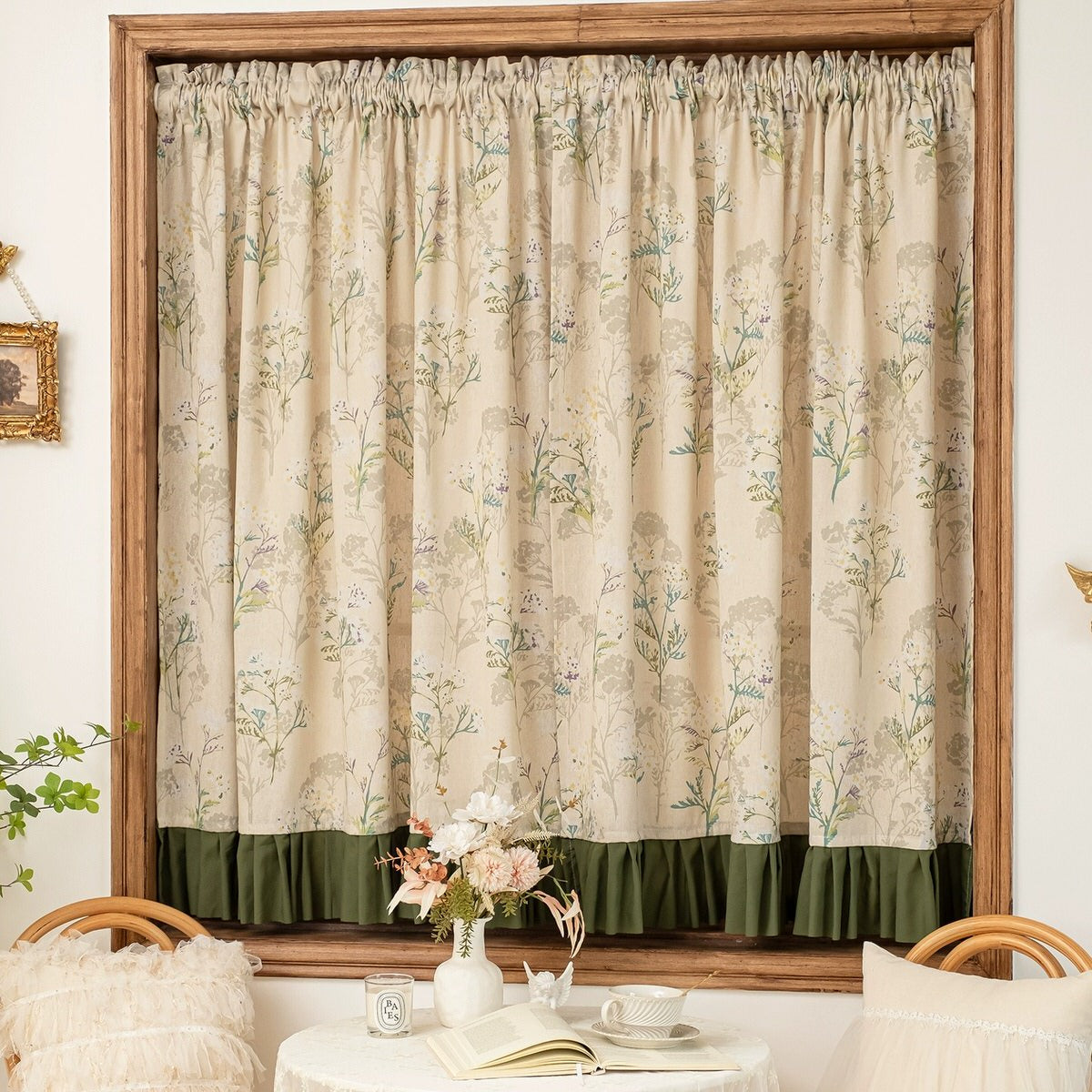 Garden Print Curtain with Forest Green Ruffle Trim