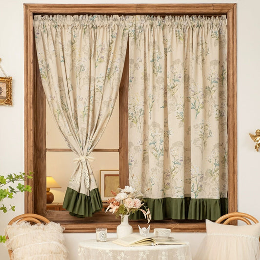 Garden Print Curtain with Forest Green Ruffle Trim