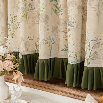 Garden Print Curtain with Forest Green Ruffle Trim