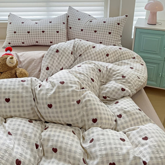 Red Hearts Gingham Pattern Bedding Set