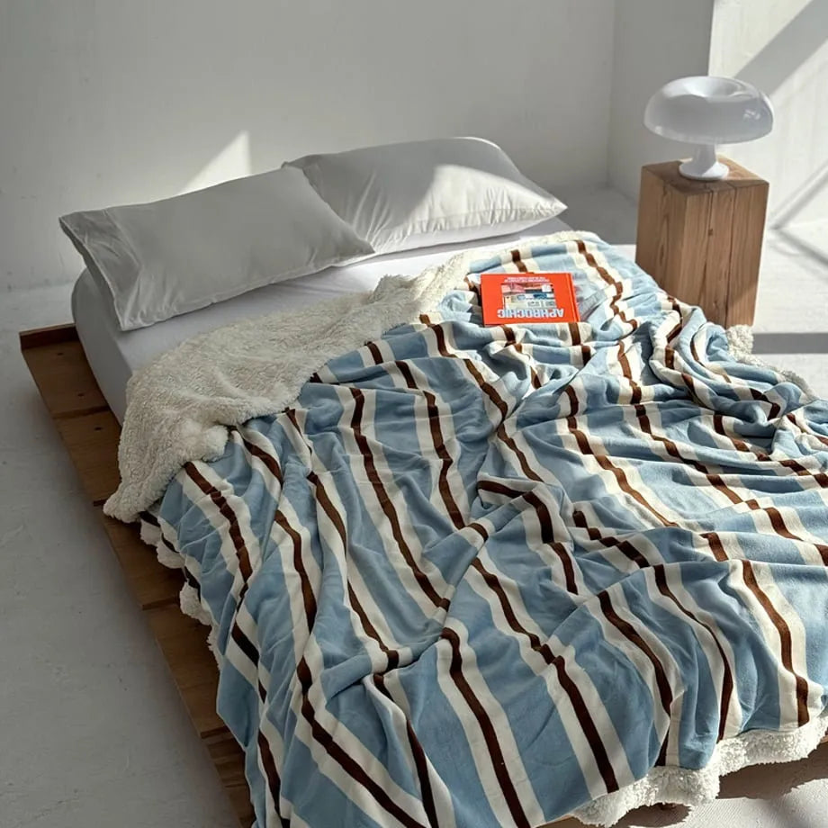 Cozy Striped Flannel Fleece Sherpa Blanket