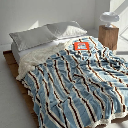 Cozy Striped Flannel Fleece Sherpa Blanket