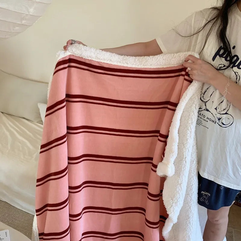 Cozy Striped Flannel Fleece Sherpa Blanket
