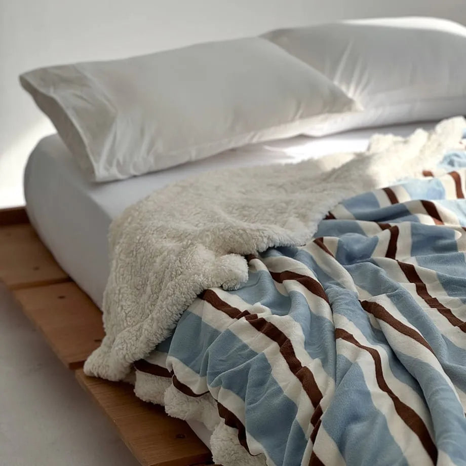 Cozy Striped Flannel Fleece Sherpa Blanket