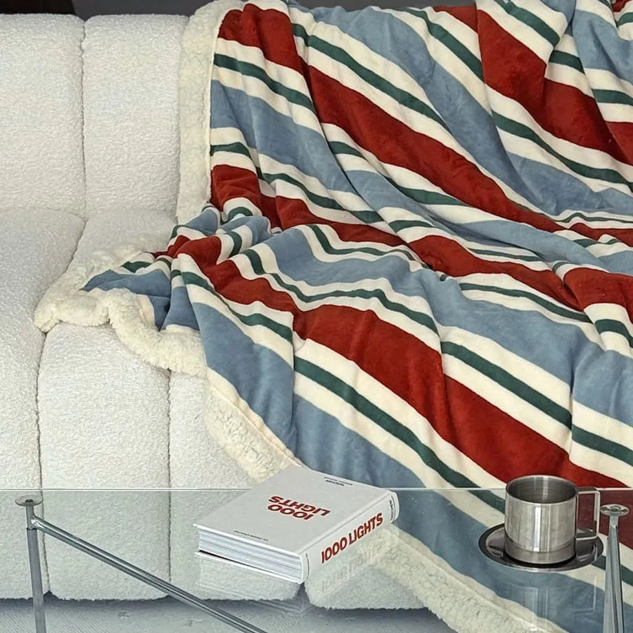Cozy Striped Flannel Fleece Sherpa Blanket