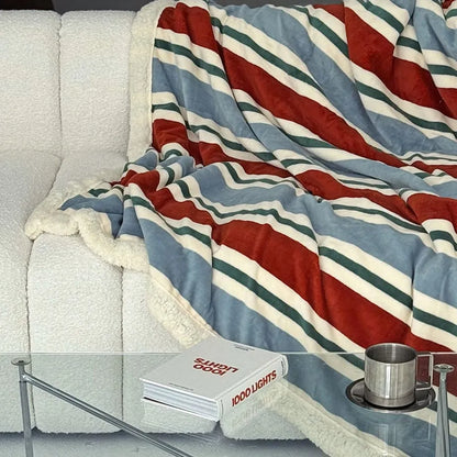 Cozy Striped Flannel Fleece Sherpa Blanket