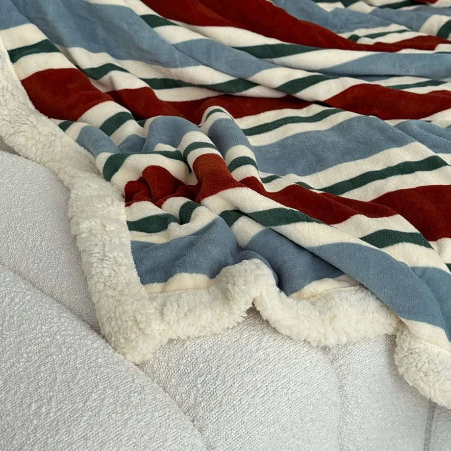 Cozy Striped Flannel Fleece Sherpa Blanket