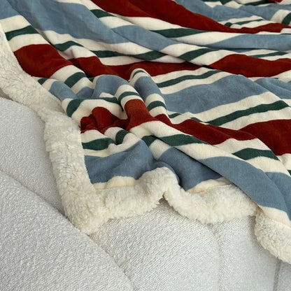 Cozy Striped Flannel Fleece Sherpa Blanket