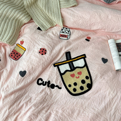 Niedliches besticktes Bubble Tea-Bettwäscheset