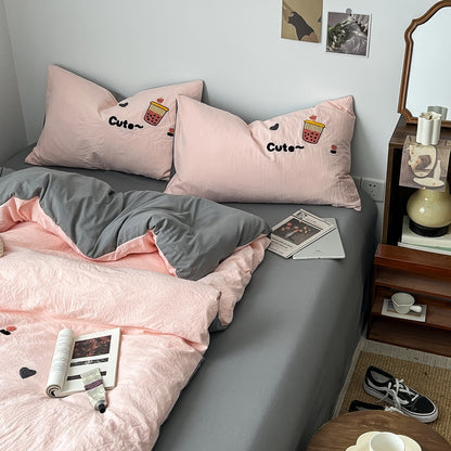 Niedliches besticktes Bubble Tea-Bettwäscheset