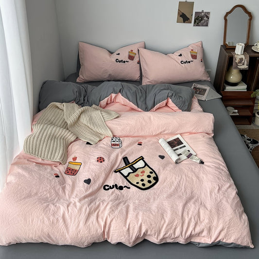 Parure de lit brodée mignonne avec motif Bubble Tea