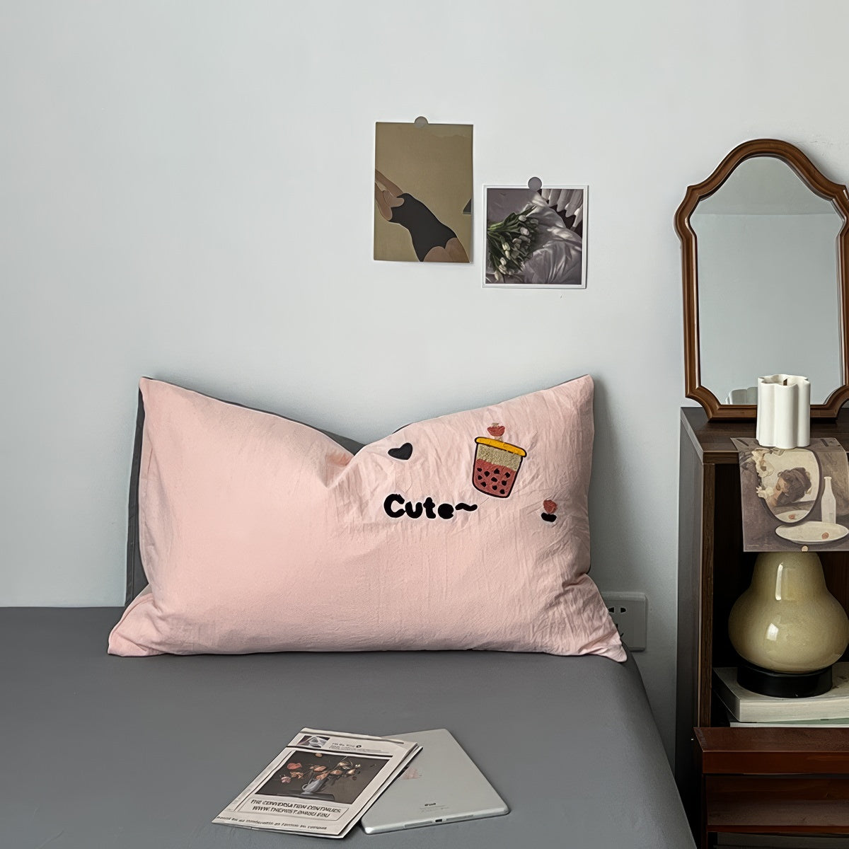 Niedliches besticktes Bubble Tea-Bettwäscheset