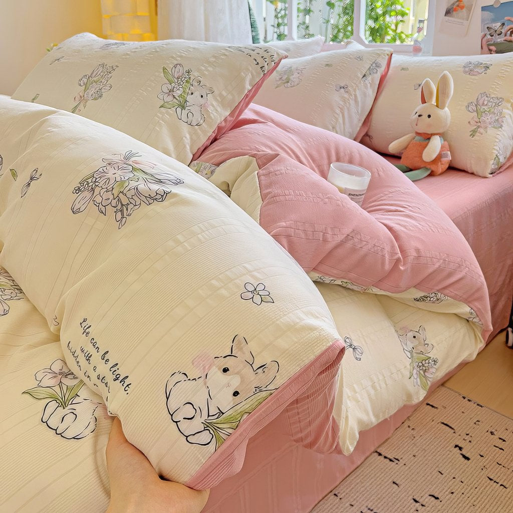 Conjunto de cama com textura de coelhinho Kawaii