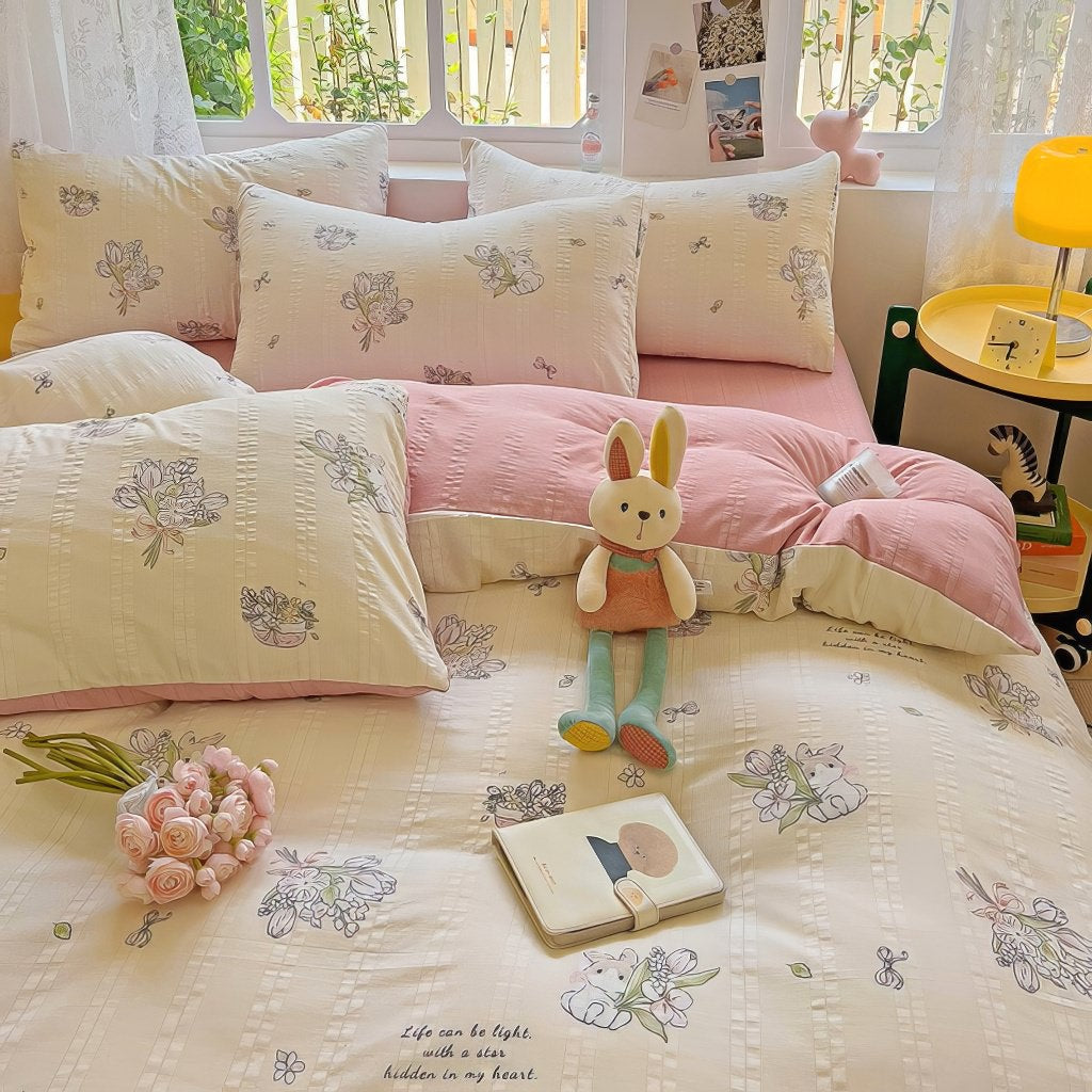 Conjunto de cama com textura de coelhinho Kawaii