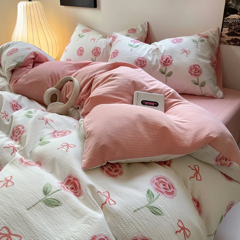 Lindo juego de cama con lazos y rosas rosadas