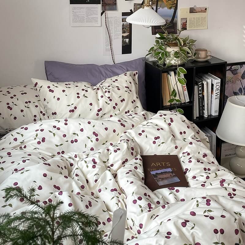 Purple Cherries Bedding Set bed sheet bedsheets cherry print coquette cottagecore pattern