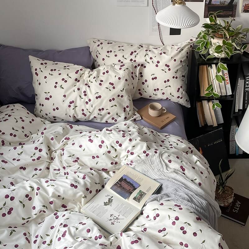 Purple Cherries Bedding Set bed sheet bedsheets cherry print coquette cottagecore pattern