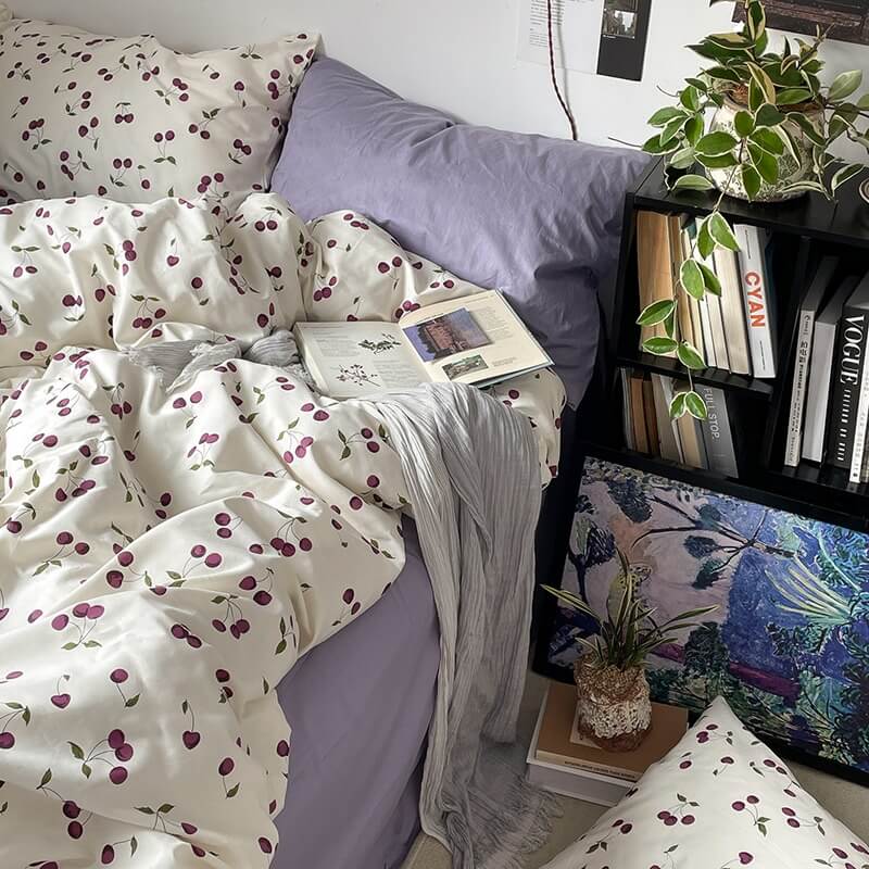 Purple Cherries Bedding Set bed sheet bedsheets cherry print coquette cottagecore pattern