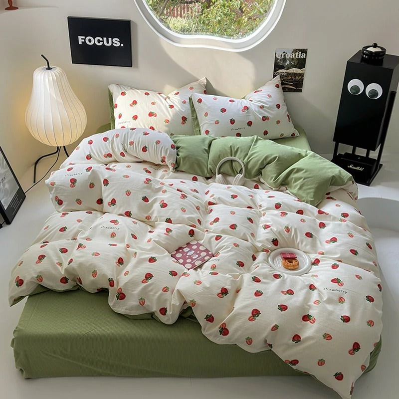 Conjunto de cama fofo com estampa de morango