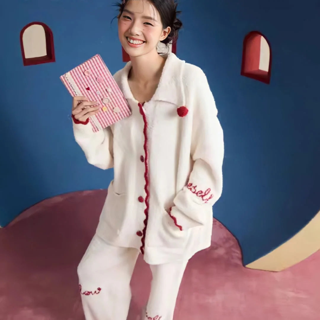 Plush Embroidered Pom-Pom Fleece Pajama Set
