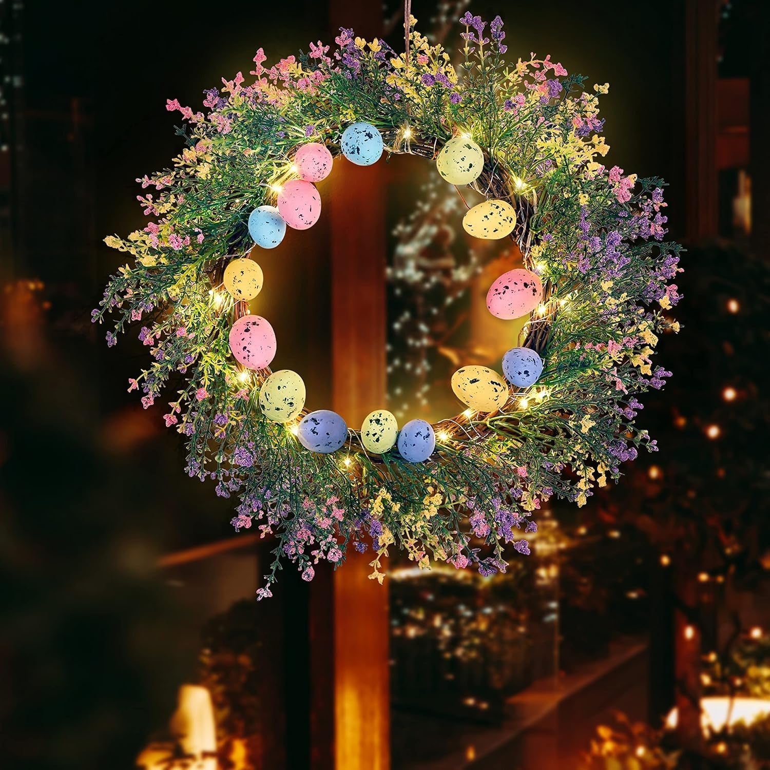 Easter Eggs Decorations Wreath - Spring Artificial Flowers Decor for the Home/Door/Front Porch, Gifts, with Led-Light String (Batteries Not Included) Home & Kitchen Home Décor Accents Home Décor Products Wreaths