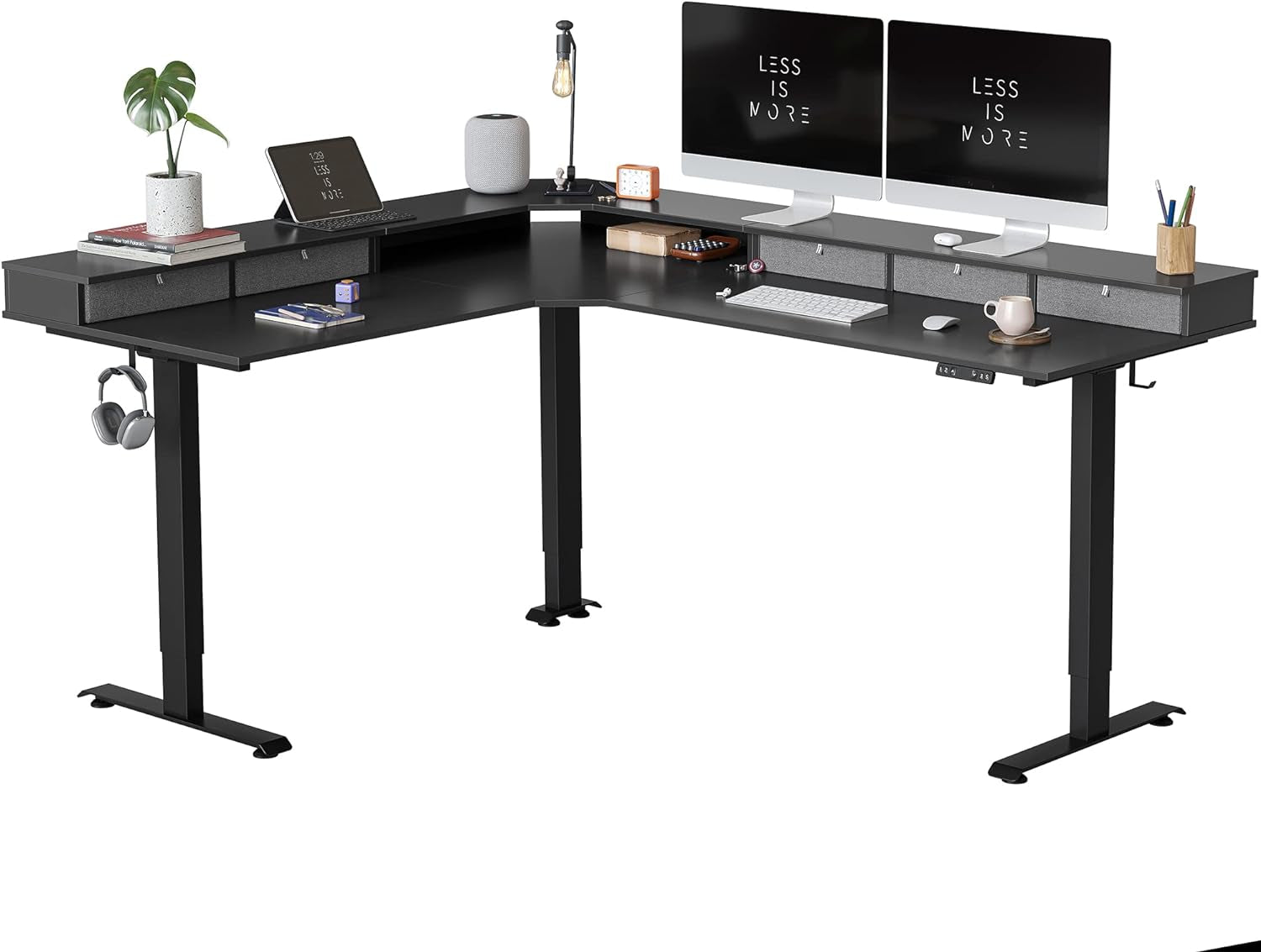 FEZIBO Triple Motor 63" L Shaped Standing Desk with 3 Drawers, Electric Standing Gaming Desk Adjustable Height, Corner Stand up Desk with Splice Board, White Frame/White Top Furniture Home & Kitchen Home Office Desks Home Office Furniture