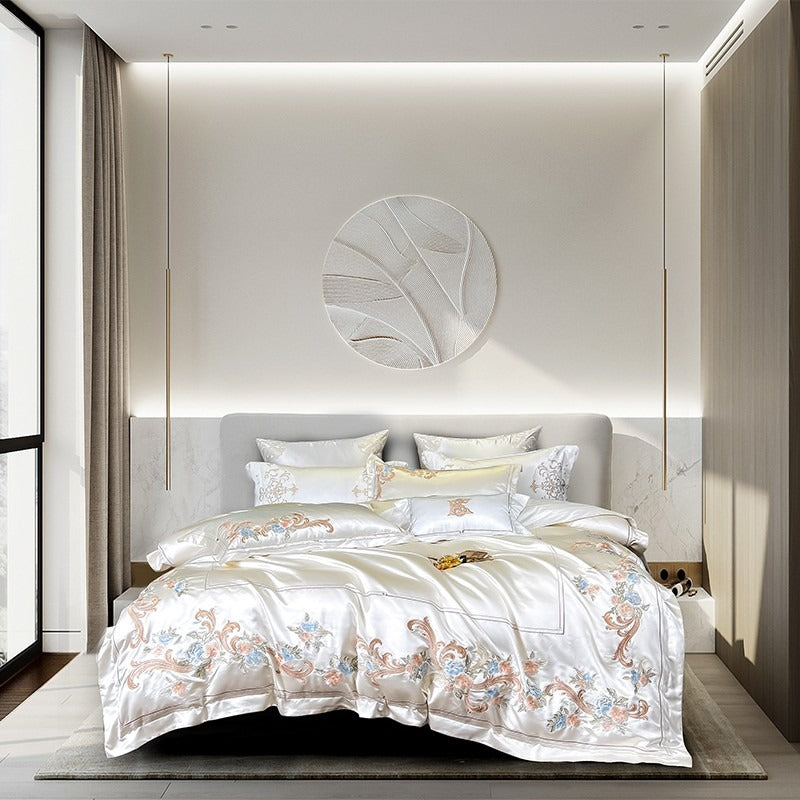 Esana White Embroidered Egyptian Cotton Satin Bedding Set