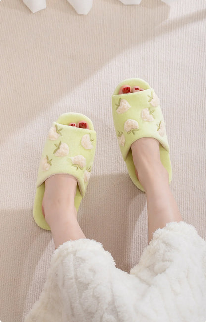 Fuzzy Peach Embroidered Plush Fleece Slides