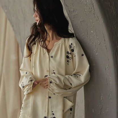 Lightweight Textured Botanical Print Cotton Pajama Set