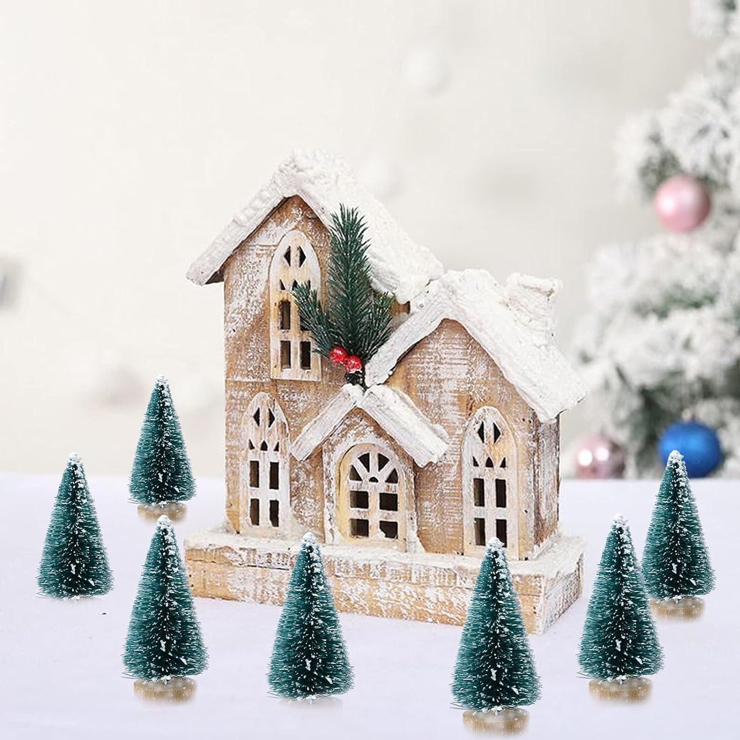 24Pcs Mini Pine Trees Frosted Sisal Trees with Wood Base Bottle Brush Trees Plastic Winter Snow Ornaments Tabletop Trees for Crafting, Displaying and Decoration (24 Pack) Hanging Ornaments Home & Kitchen Home Décor Accents Home Décor Products