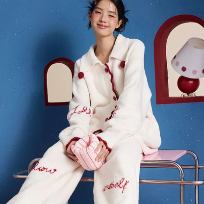 Plush Embroidered Pom-Pom Fleece Pajama Set