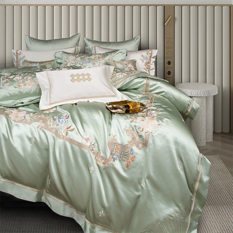 Esana Green Embroidered Egyptian Cotton Satin Bedding Set