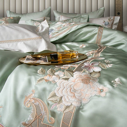 Esana Green Embroidered Egyptian Cotton Satin Bedding Set