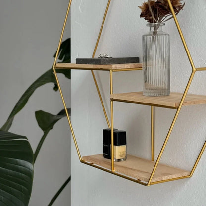 Geometric Hexagon Metal & Wood Wall Shelf