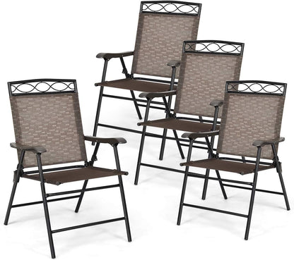 Giantex Set of 4 Patio Folding Dining Chairs for Camping, Beach, Backyard, Deck Portable W/Armrest and Metal Frame, 4-Pack (Brown) Chairs Lawn & Garden Patio Patio Dining Chairs Patio Furniture & Accessories Patio Seating