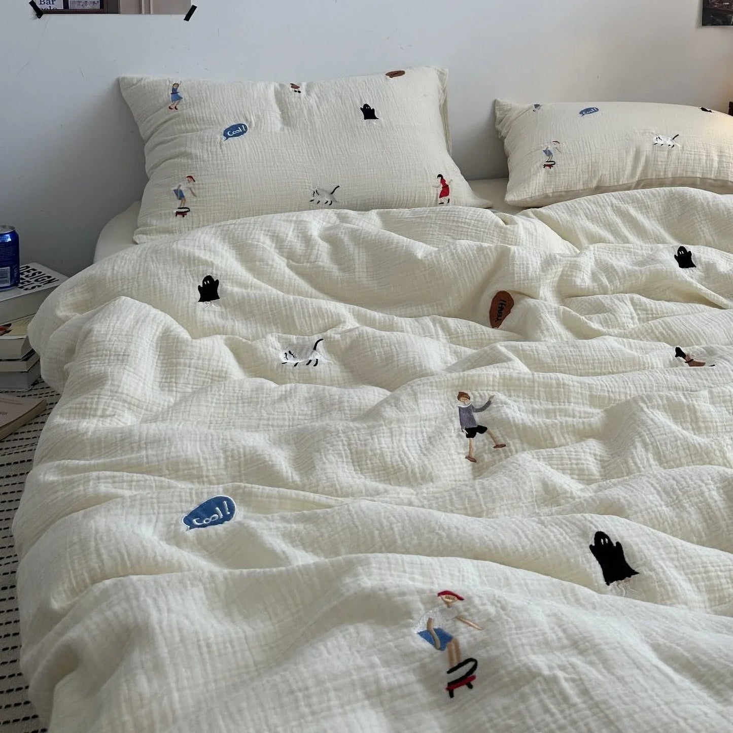 Textured Whimsical Embroidered Washed Cotton Bedding Set