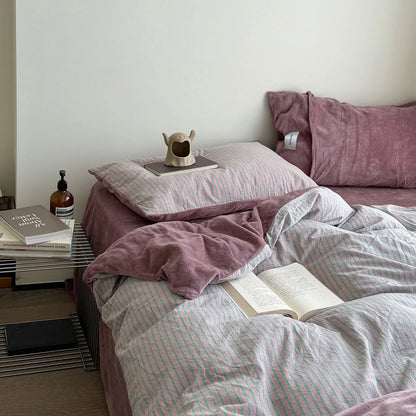 Plush Reversible Striped Flannel Fleece Bedding Set